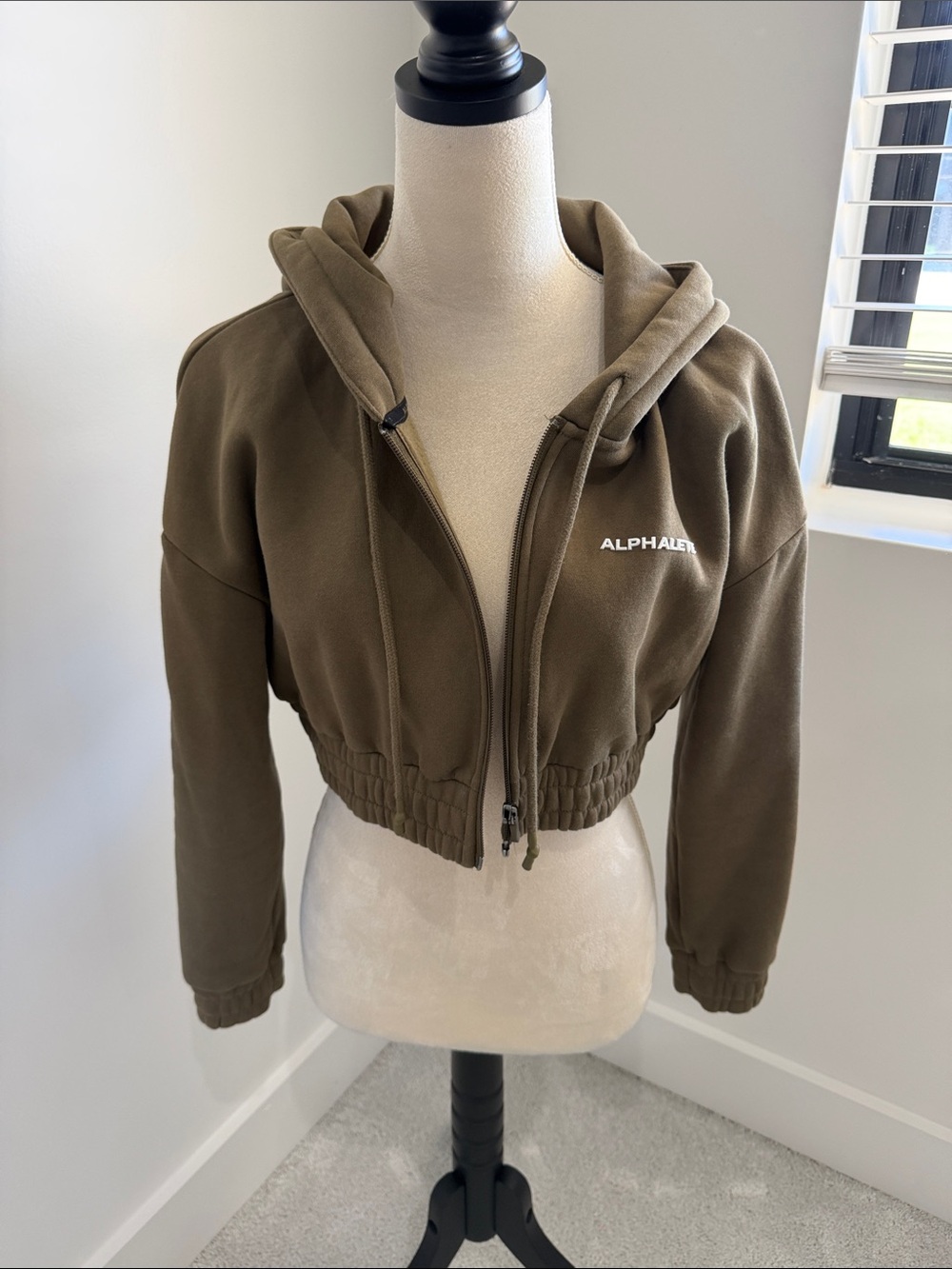 Alphalete Olive Cropped Bomber Hoodie Jacket